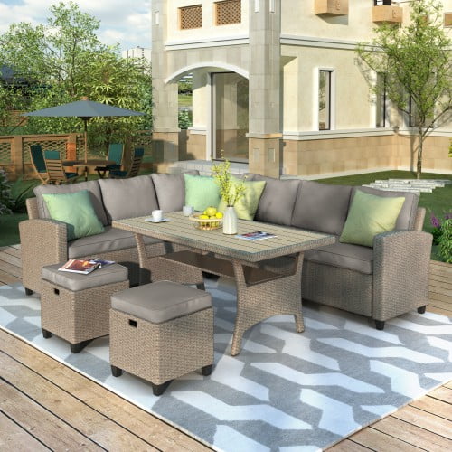 Patio Furniture Set 5 Piece Outdoor Conversation All Weather Wicker Sectional Sofa Couch Dining Table Chair With Ottoman And Throw Pillows Com - Patio Furniture Sectional With Dining Table Patio Furniture Set 5 Piece Outdoor Conversation All Weather Wicker Sectional Sofa Couch Dining Table Chair With Ottoman And Throw Pillows Com - Patio Furniture Sectional With Dining Table
