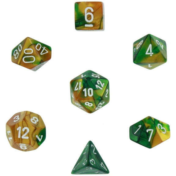 Gold and Green Gemini Dice with White Numbers 16mm (5/8in) Set of 7 Chessex