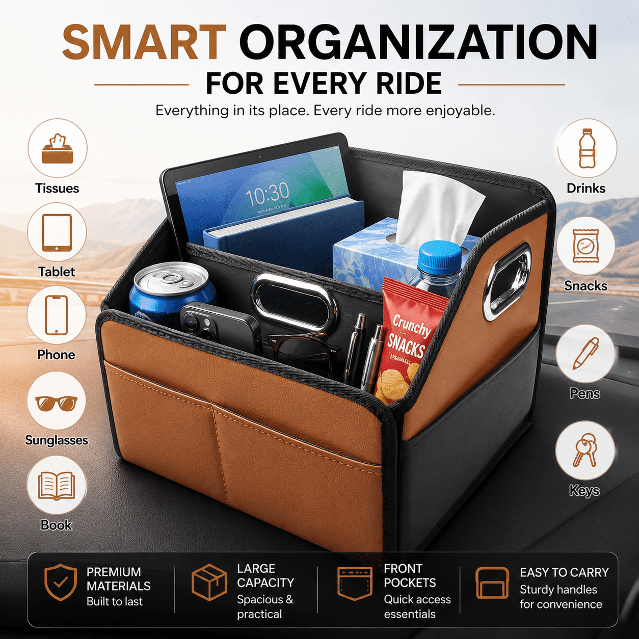 Noaman Leather Car Seat Organizer with 6 Compartments, 3 Handles, Multipurpose