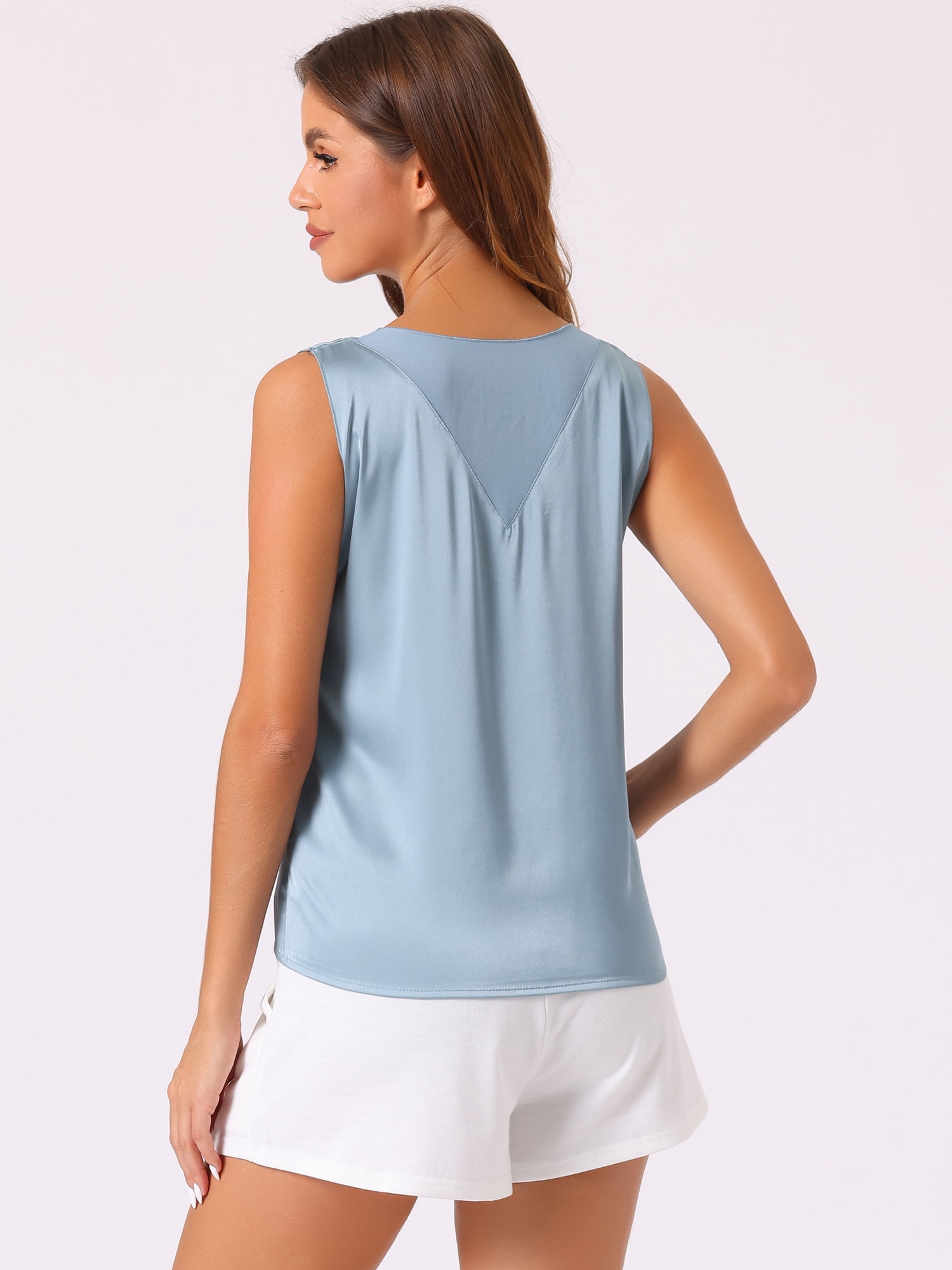 DARING DIVA Women's Silky Satin Mesh V Neck Sleeveless Blouses Tank Shirt XS Blue