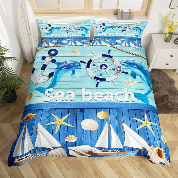 Kids Nautical Sailboat Queen Bedding Sets For Boys Girls Ocean Anchor