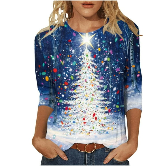 Womens Christmas Tops 3/4 Length Sleeve T Shirts Plus Size Women Blouses Cotton 3/4 Sleeve Shirts For Women Dressy Casual Plus Size Fall Outfits 2025
