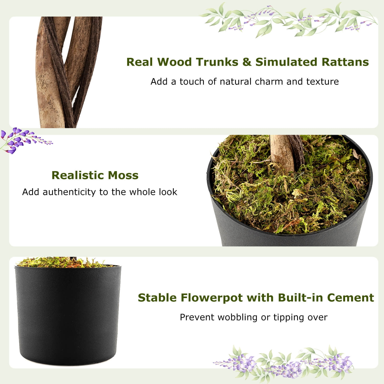Costway 6 FT Artificial Wisteria Tree Set of 1 with Natural Trunks Purple Lifelike Flowers for Porch