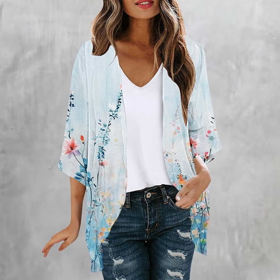 Amidoa 3/4 Sleeve Cardigans for Women Kimono Boho Open Front Summer Floral Light Cardigans for Women L
