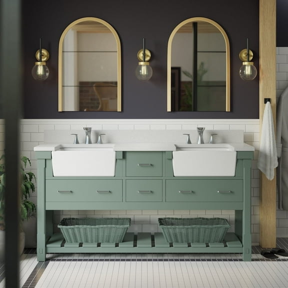 Charlotte 72" Double Farmhouse Bathroom Vanity with Sage Green Cabinet and Quartz Top