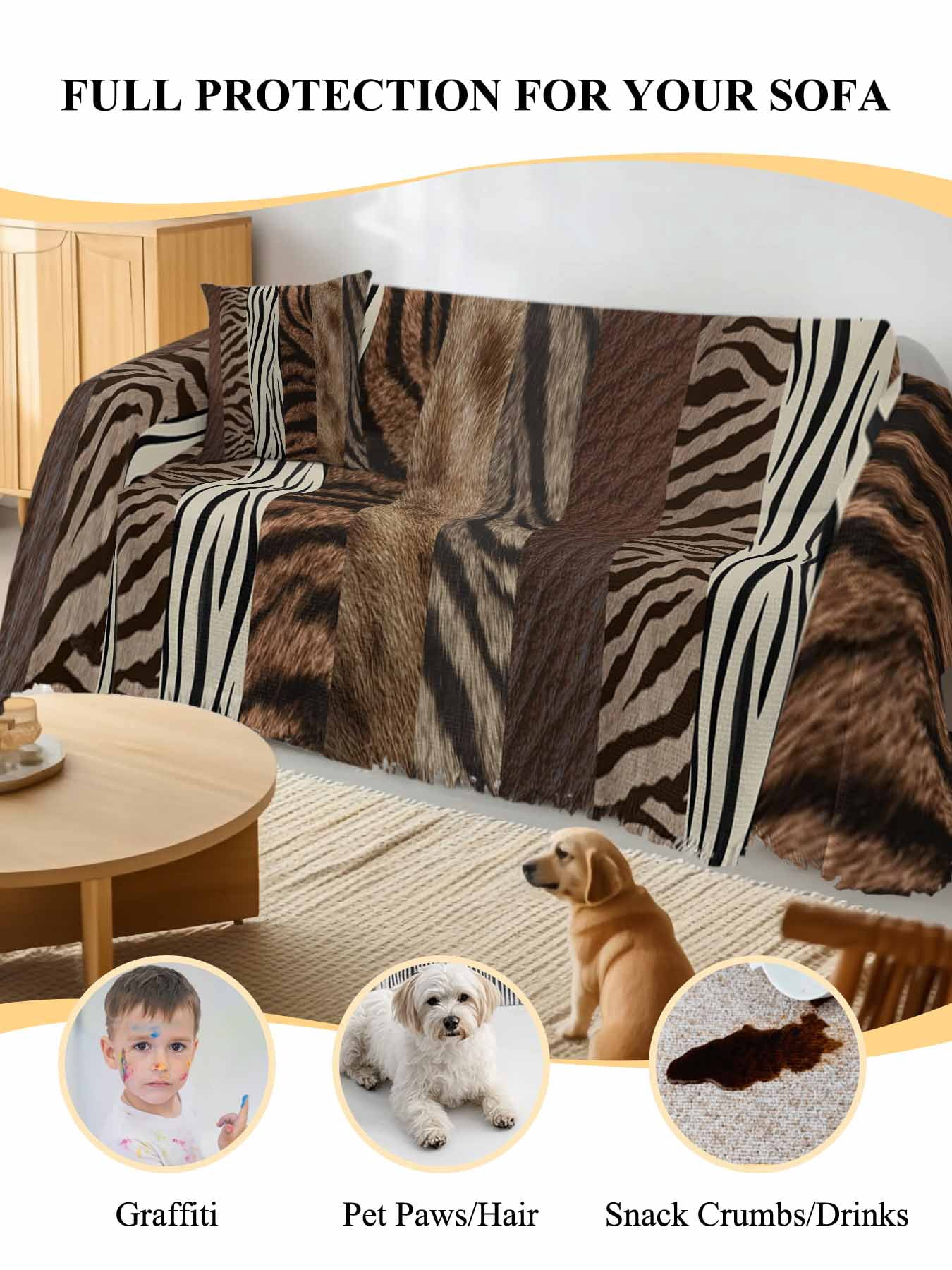 Animals Printed Striped Couch Cover, Rustic Country Zebra Textured Oversized Sofa Cover Blanket for 3 Cushion Couch, Sectional Sofa Slipcover Furniture Protector for Living Room Bedroom 71''x150''