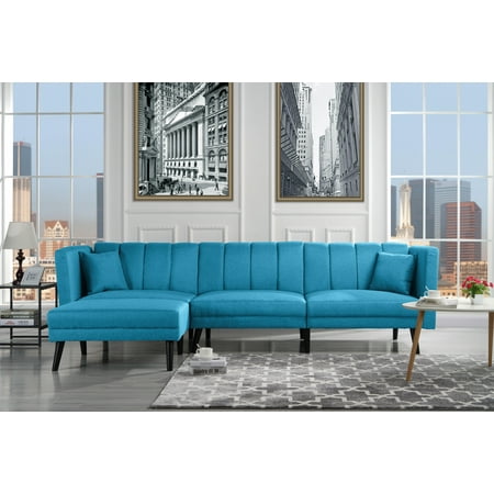 Mid-Century Style Sectional Couch Sleeper Futon, Reclining, Sky