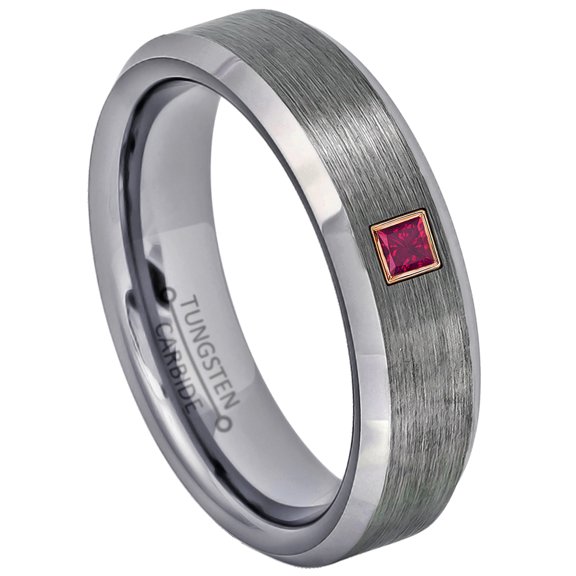 0.05ctw Princess Cut Ruby Tungsten Ring - 6MM Brushed Finish Beveled Edge Tungsten Carbide Wedding Band - July Birthstone Ring - 14kt Rose Gold Bezel - TN038PSRG-1RBs11