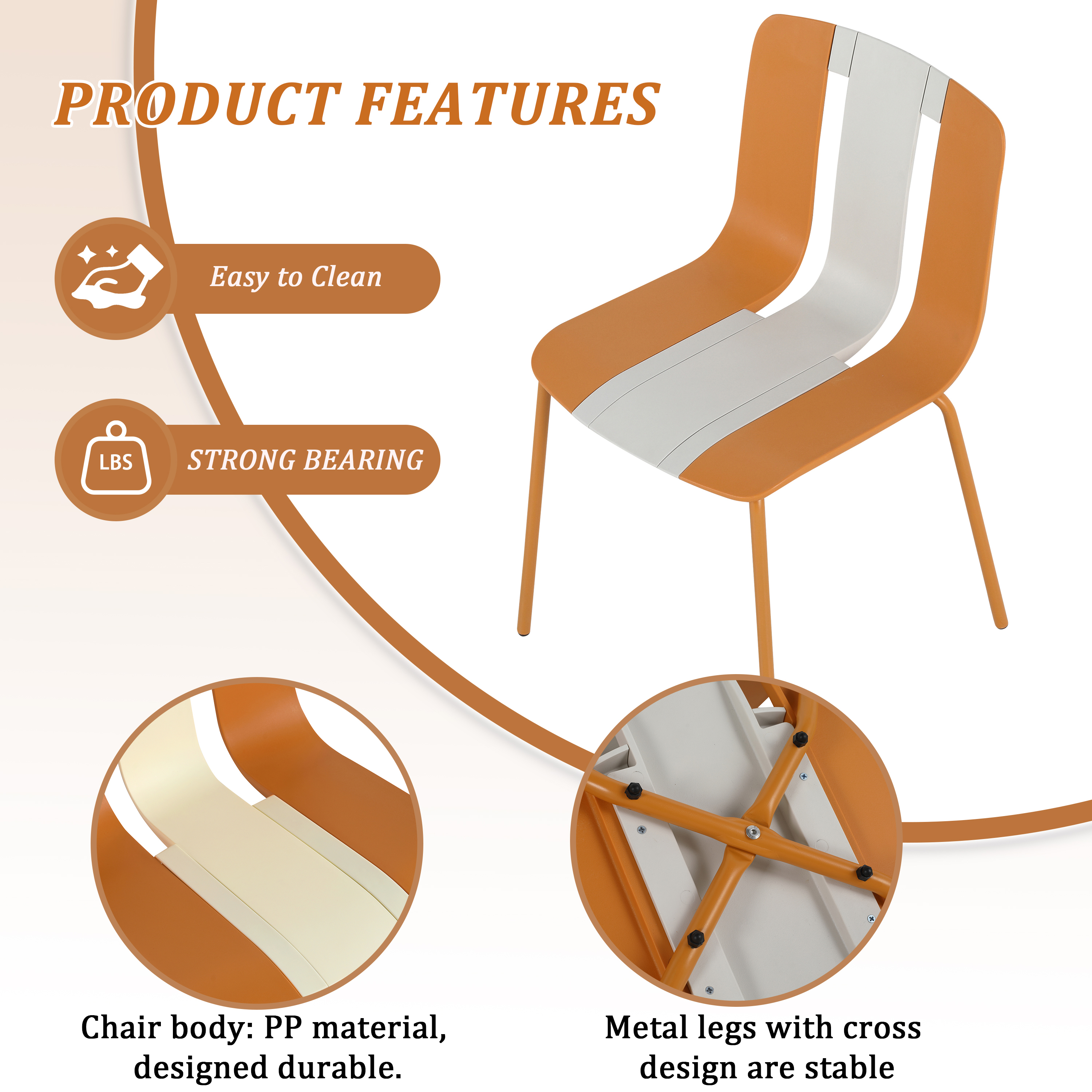 Stackable Plastic Chairs Set of 4 for Indoor and Outdoor Use, Heavy-Duty Design with Sturdy Metal Legs and Anti-Slip Feet in a White, Orange and Beige Color Block, Supports 330 lbs