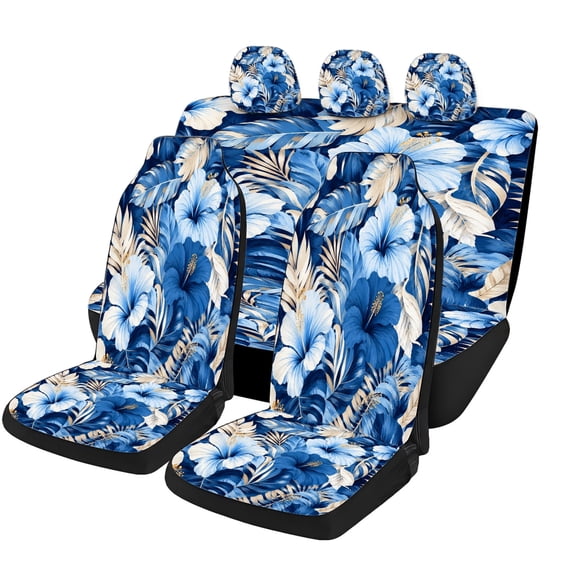 Decorative Blue Hawaiian Floral Car Seat Covers Full Set, Universal Auto Seat Covers with Front Seat Covers, Rear Bench Cover and Headrest Covers for Cars SUVs Trucks Vans