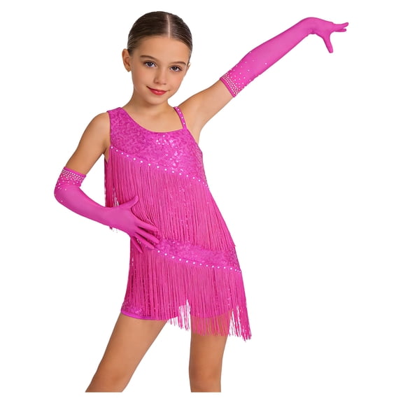 TiaoBug Girls Sequins Latin Dance Dress Tassel Leotard Fringed Bodysuit with Gloves Ballroom Dancing Outfit Hot Pink 12