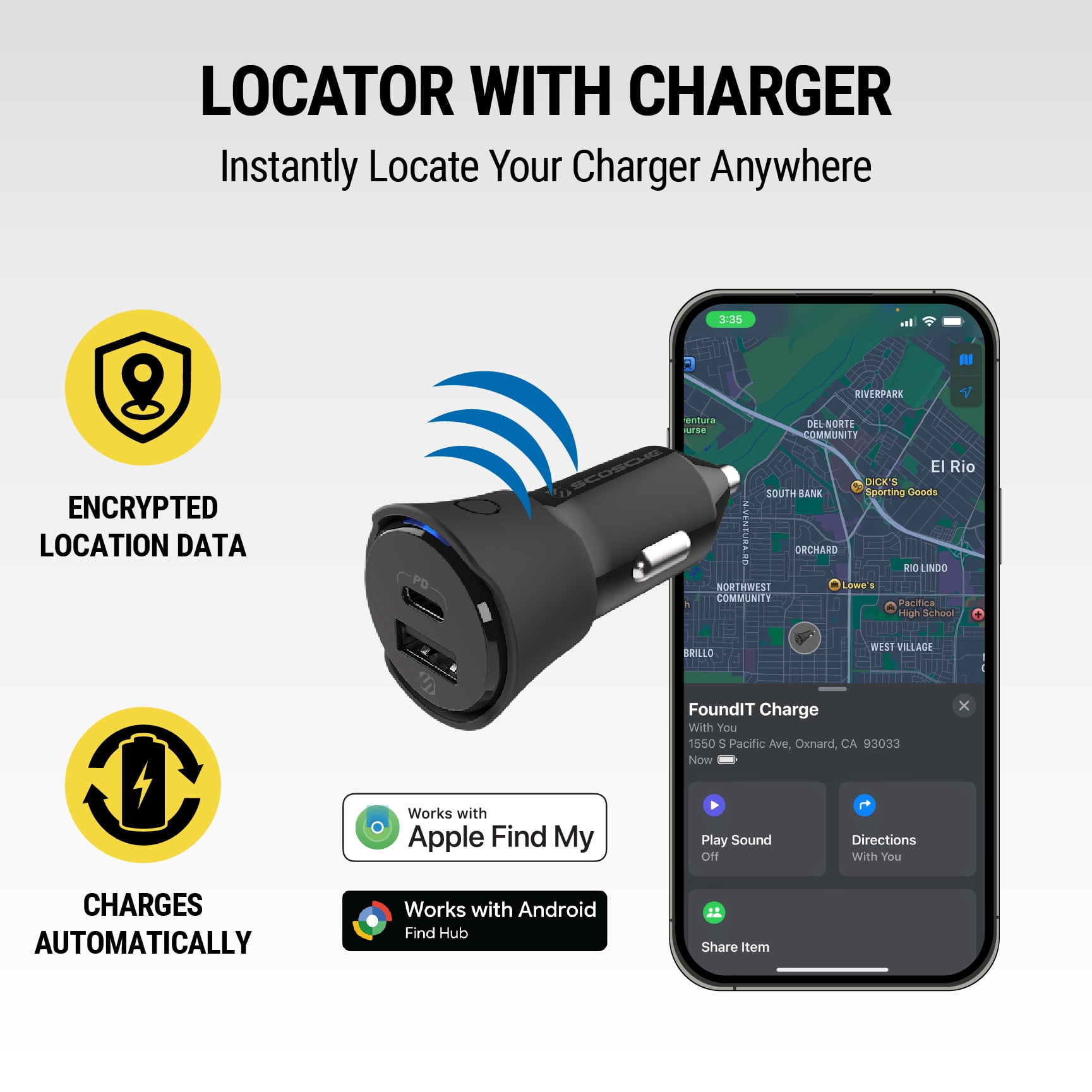 Scosche CPD32LT-1 FoundIT® Charge 32W USB-C & USB-A Charger + Built-in Locator For Apple & Android
