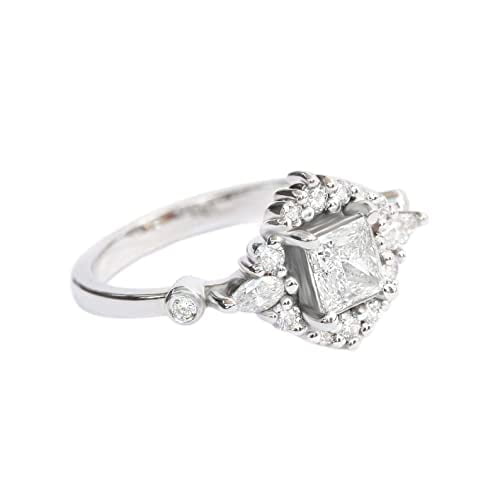 HeartsAndYou 1.5ct Princess Cut Moissanite Engagement Ring for Women Halo Cluster 18k White Gold Over Silver
