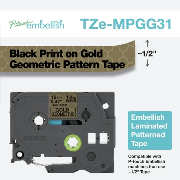 Brother P-touch Embellish Black on Gold Geometric Tape, 0.47 in x 13.1 ft, TZEMPGG31