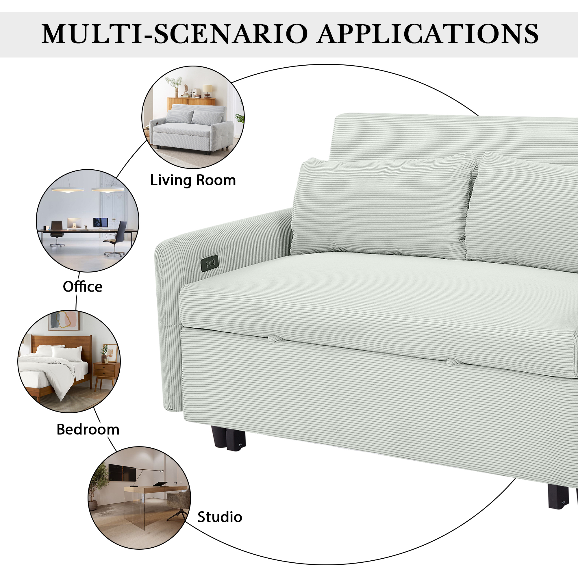 Pull-out Sofa Bed Convertible Couch 2 Seat Loveseat Sofa Modern Sleeper Sofa with Two Throw Pillows and USB Ports for Living Room