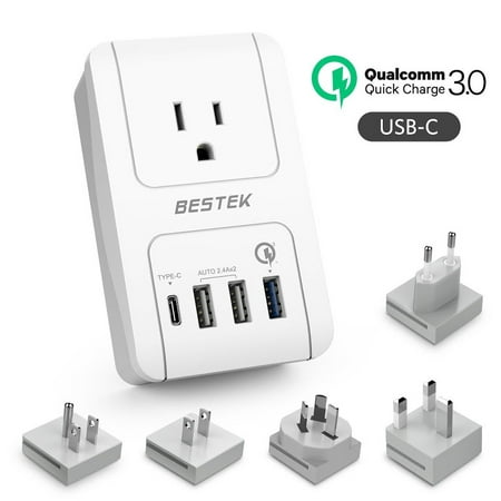 Travel Adapter Kits by BESTEK - Dual 2.4A Smart Identify USB Ports + 1 Qick 3.0 USB Port + 1 USB C Port + 1 AC Outlet Wall with Worldwide Wall Plugs for UK, US, AU, Europe & (Best Smart Plug Uk)