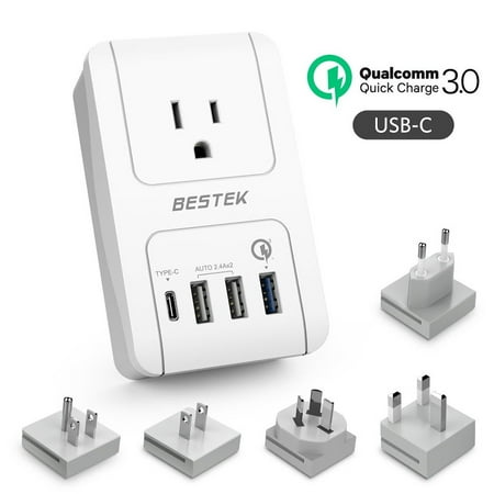 - Travel Adapter Kits by BESTEK - Dual 2.4A Smart Identify USB Ports + 1 Qick 3.0 USB Port + 1 USB C Port + 1 AC Outlet Wall with Worldwide Wall Plugs for UK, US, AU, Europe & Asia
