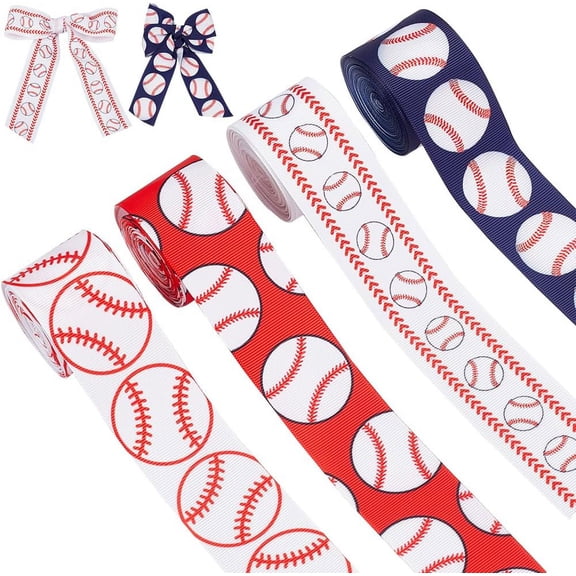 20 Yards 4 Styles Baseball Print Polyester Grosgrain Ribbon Clothes Accessories Party Supplies Mixed Color 1-1/2 inch(38mm) 5 yards/style