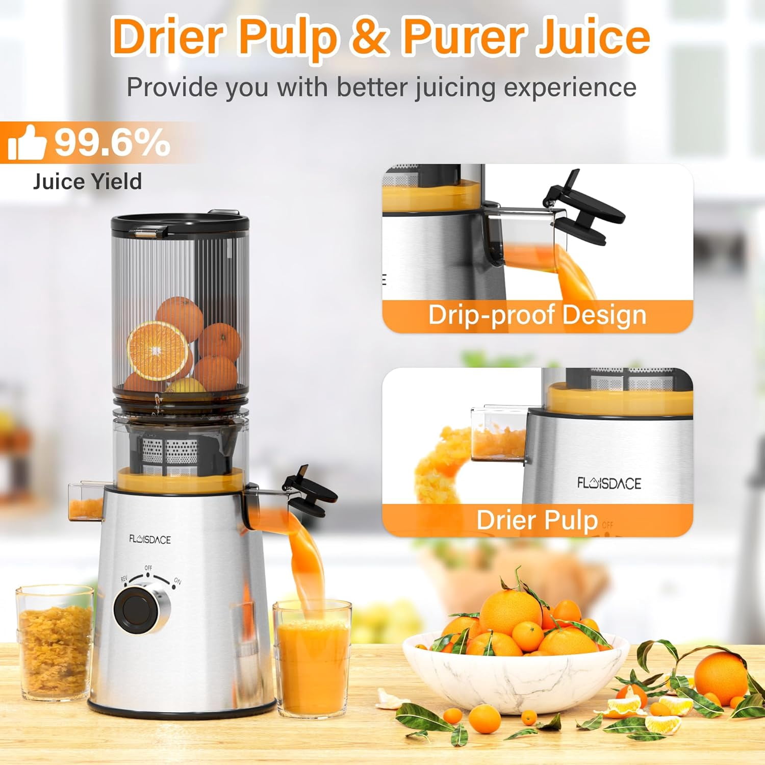 Cofiyard Cold Press Juicer, Slow Masticating Juicer Machines with 5" Feeding Chute Fit Whole Fruits&Vegetables, Stainless Steel Slow Masticating Juicer Easy to Clean, 99.6% Juice Purity, 1.5L