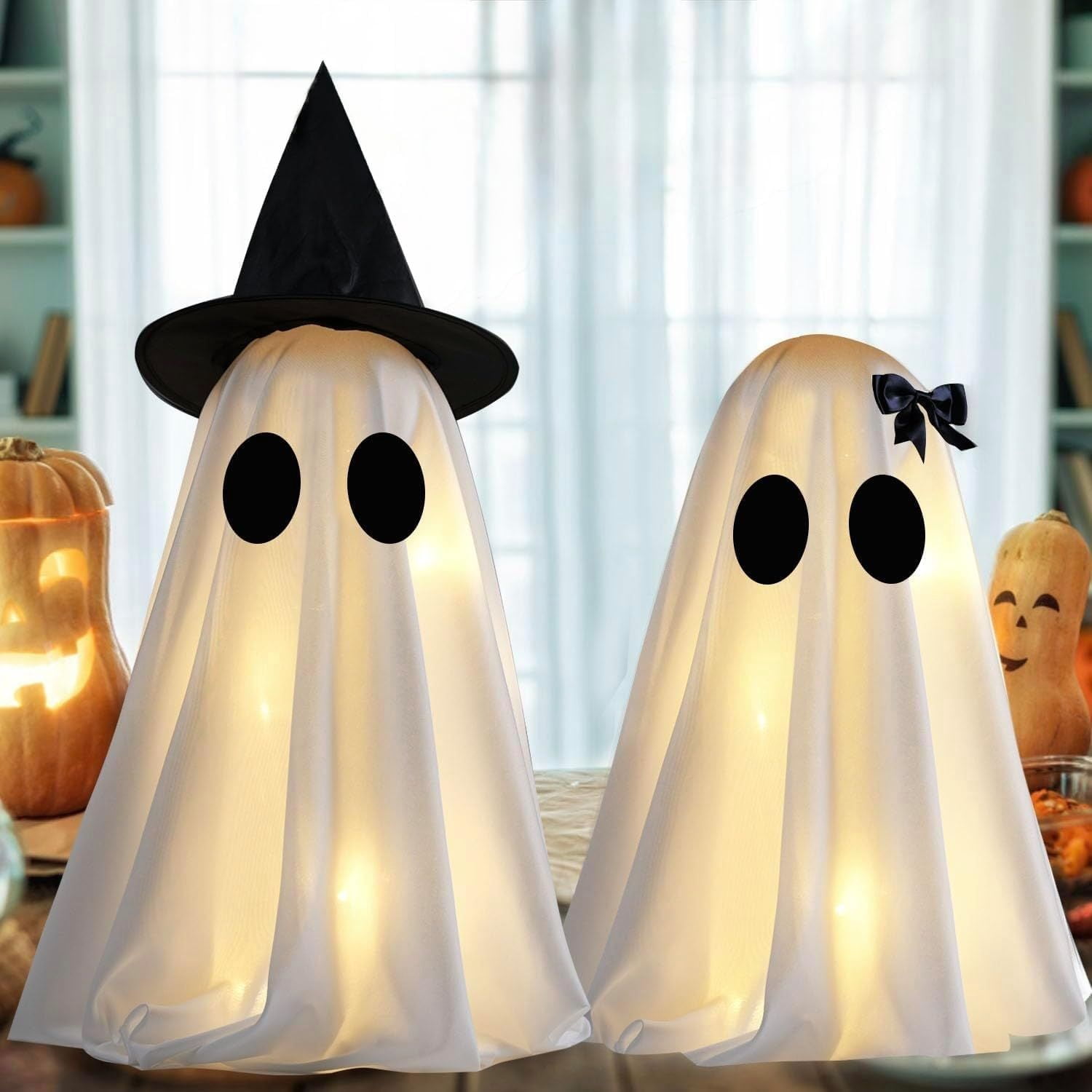 2 Pack Light Up Ghost Decorations with Timer Male Female for Halloween
