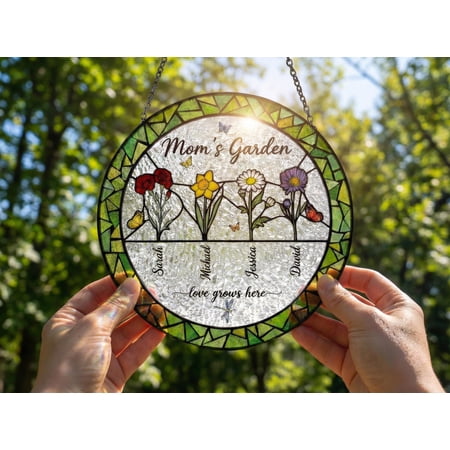Personalized Birth Flower Stained Glass Wall Decor - Handcrafted | Garden Floral Design | Custom Birth Month Flower | Birthday Gift for Mom Her | Indoor Outdoor Home Garden