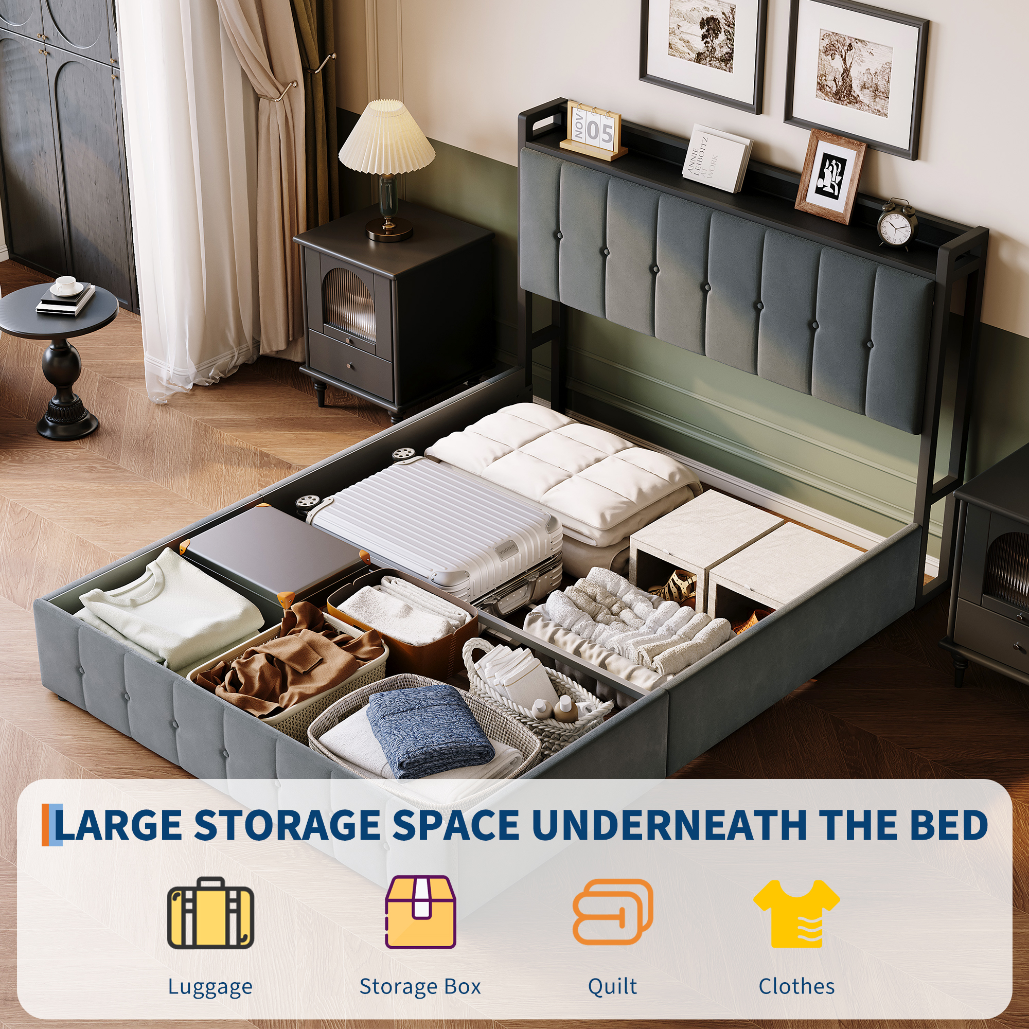 Queen Lift Up Storage Bed Frame,Upholstered Platform Bed with Storage Headboard,Hydrualic Underneath Storage,No Box Spring Needed,Easy Assembly