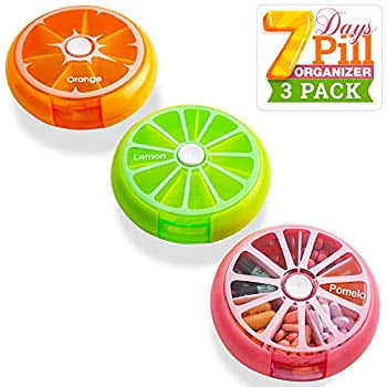 Pill Case Reminder - Colorful Pack of 3 Daily Round Medication Cases for 7 Day Weekly Travel with Rotating Push Button Dispenser Compartments, Best Pill Box Organizer for Pills and