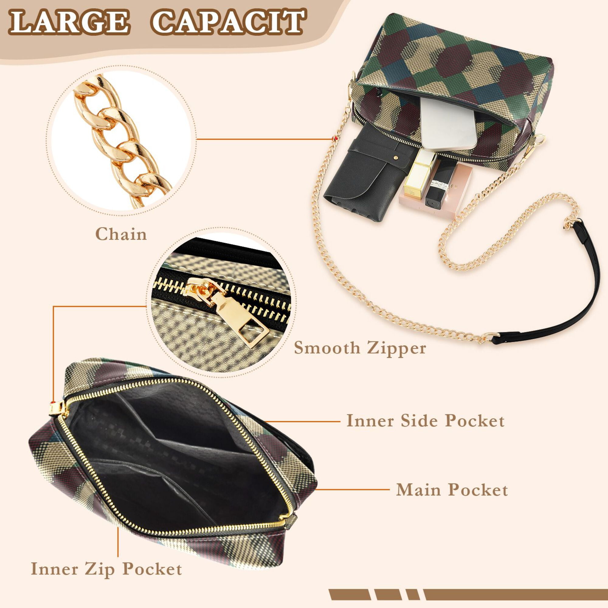 FORMRS Women Crossbody Purse with Chain Strap Vegan Leather Shoulder Handbag, Green Tartan Pattern