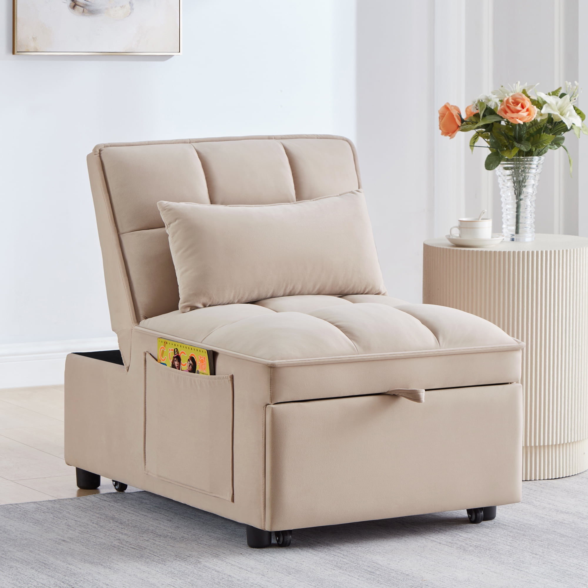 Miniyam 4 in 1 Tufted Single Pull-out Sofa Bed with Adjustable Backrest and Pillows, Taupe