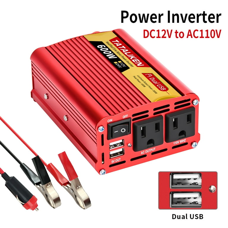 TATALIKEN 600W（Rating power 300 W）Power Inverter DC 12V to AC 110V/120V Car  Inverter with Car Cigarette Lighter Adapter 2 AC Outlets Dual USB Red