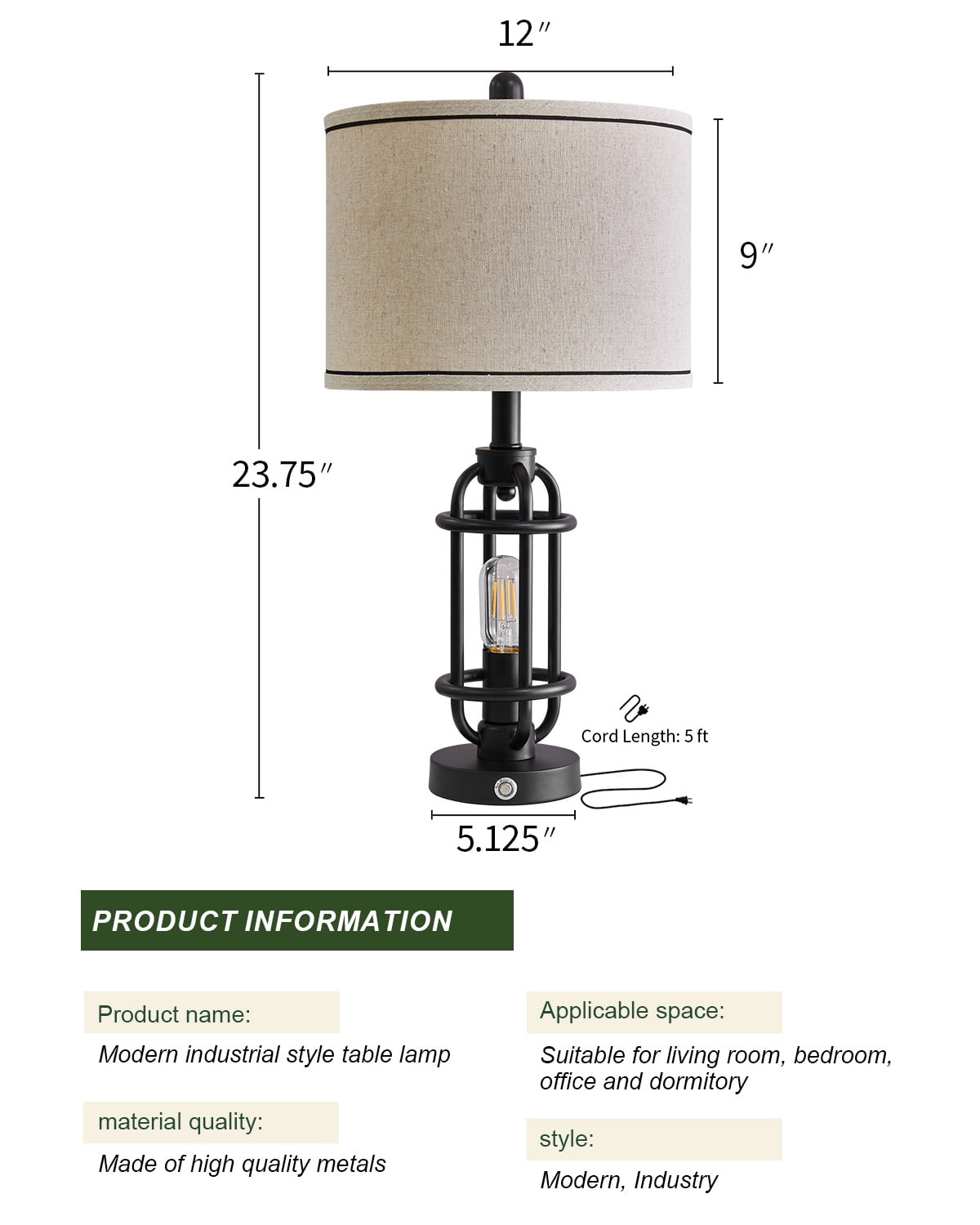 Oneach 3 Way Dimmable Table Lamp Set of 2 with USB Ports 23.75" Metal Industrial Touch Control Modern Nightstand Bedside Lamps for Bedroom Living Room