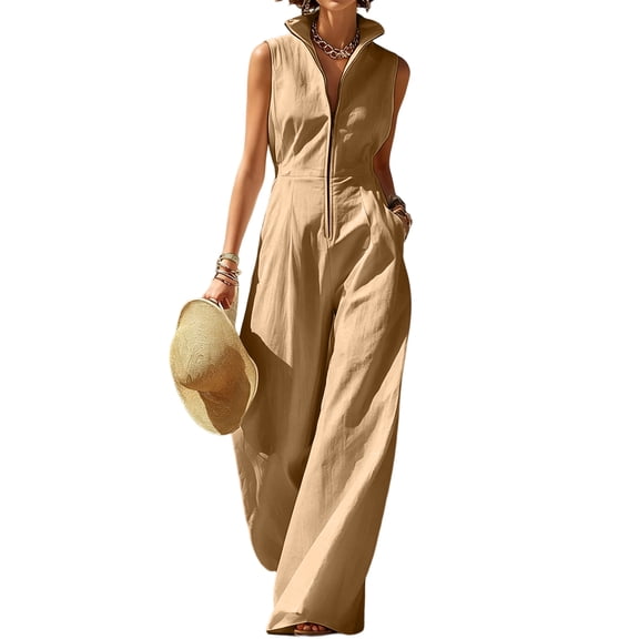 Womens Sleeveless Wide Leg Jumpsuits, Elegant V Neck Front Zipper Long Rompers, Lightweight Loose Fit One Piece Outfits, S-2XL