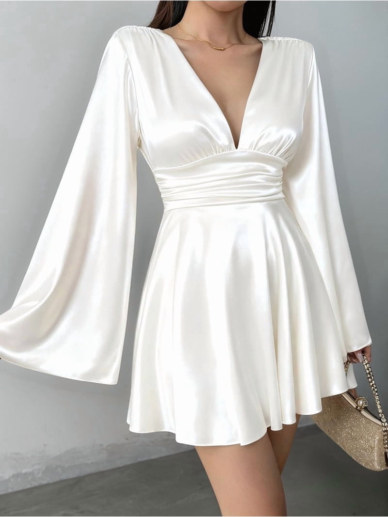 silk flowy mini dress Women'S Deep V Neck Long Sleeve Mini Satin Silk Dress Elegant Flowy Wedding  Guest Party Short Dresses Lake Blue L