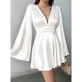 thumbnail image 5 of Women'S Deep V Neck Long Sleeve Mini Satin Silk Dress Elegant Flowy Wedding Guest Party Short Dresses White M, 5 of 9