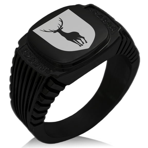 Stainless Steel Stag Purity Coat of Arms Shield CZ Ribbed Needle Stripe Pattern Biker Style Polished Ring