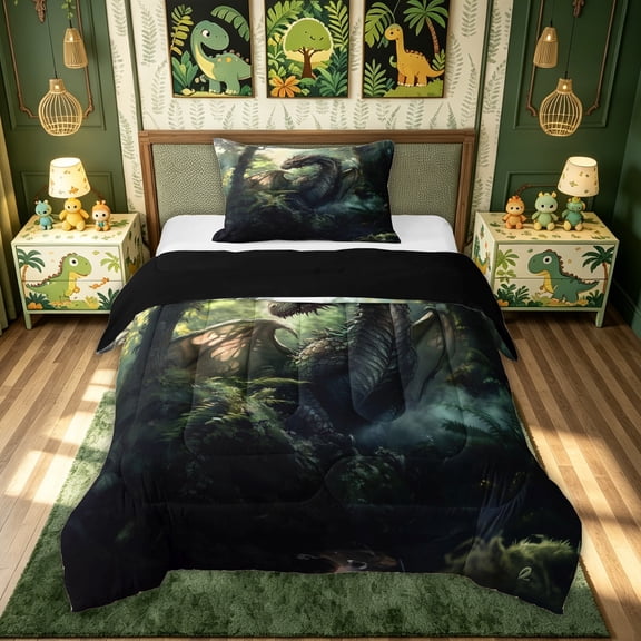 meiyoeat Jungle Forest Dragon Twin Comforter Sets for Men Boys, Woodland Animal Bedding Set, Green, Black Reversible, 2pcs, 1 Comforter and 1 Pillowcase