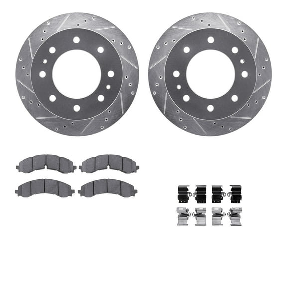 Dynamic Friction Company Rear Brake Rotors-Drilled and Slotted-Silver with 5000 Advanced Brake Pads includes Hardware 7512-48053