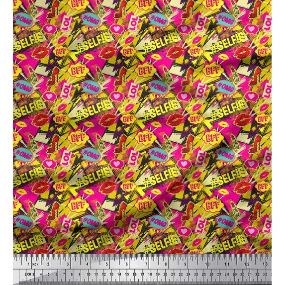 Soimoi Yellow Georgette Viscose Fabric Text,Lipstick & High Heels Fashion Printed Craft Fabric by the Yard 42 Inch Wide