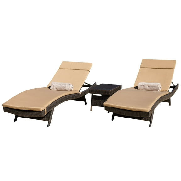 3 Piece Outdoor Brown Chaise Lounge with Caramel Cushions Set