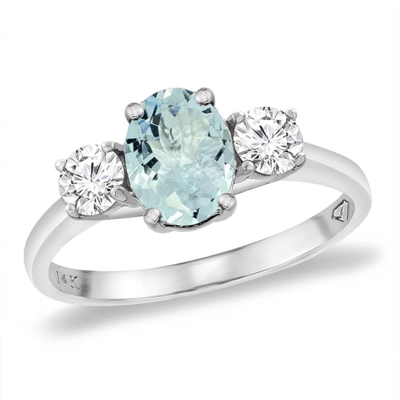 14K White Gold Natural Aquamarine & 2pc. Diamond Engagement Ring Oval 8x6 mm, size 5