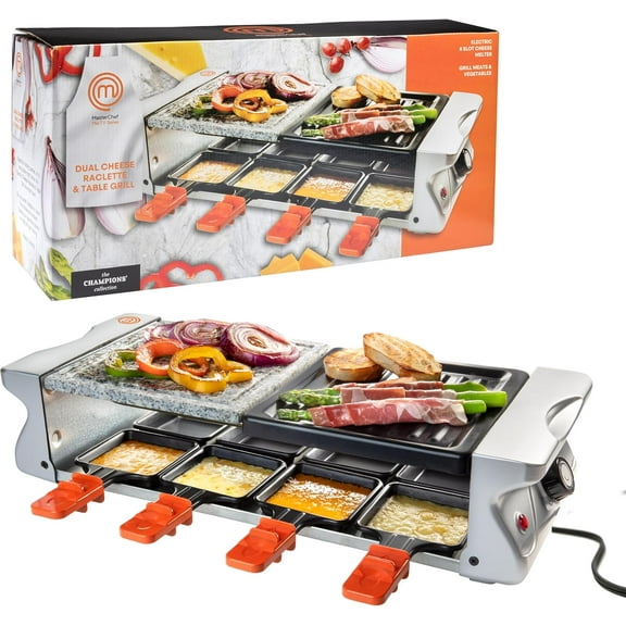 MasterChef Dual Cheese Raclette Table Grill Non stick Grilling Plate and Cooking Stone Tabletop Cooker with 8 Cheese Raclette Pans