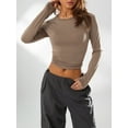 thumbnail image 6 of Lamuusaa Women's Spring Autumn Slim Tops Solid Color Long Sleeve Round Neck Streetwear Blouse, 6 of 9