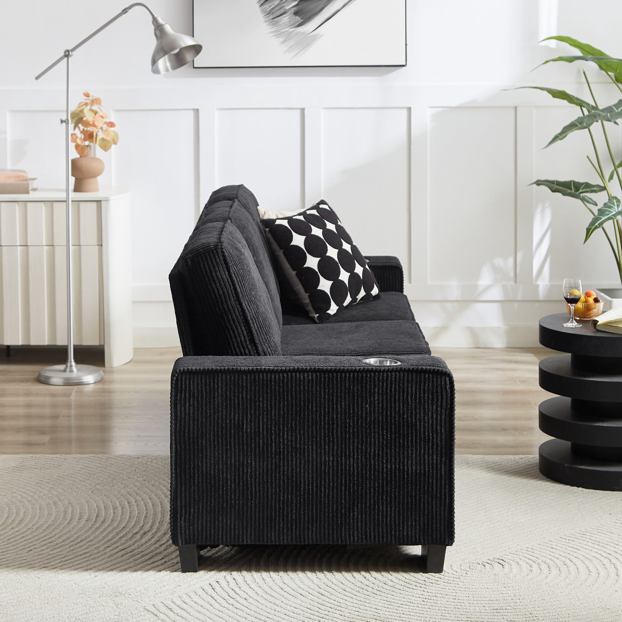 AENKYO 84" Modern Corduroy 3-Seater Sofa, Compressed Couch with Built-in Cup Holders & Washable Covers, Black