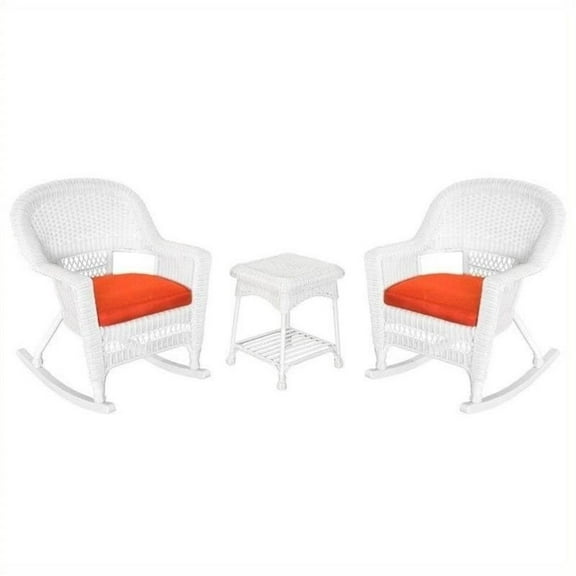Pemberly Row 3pc Rocker Wicker Chair Set in White with Red Cushion