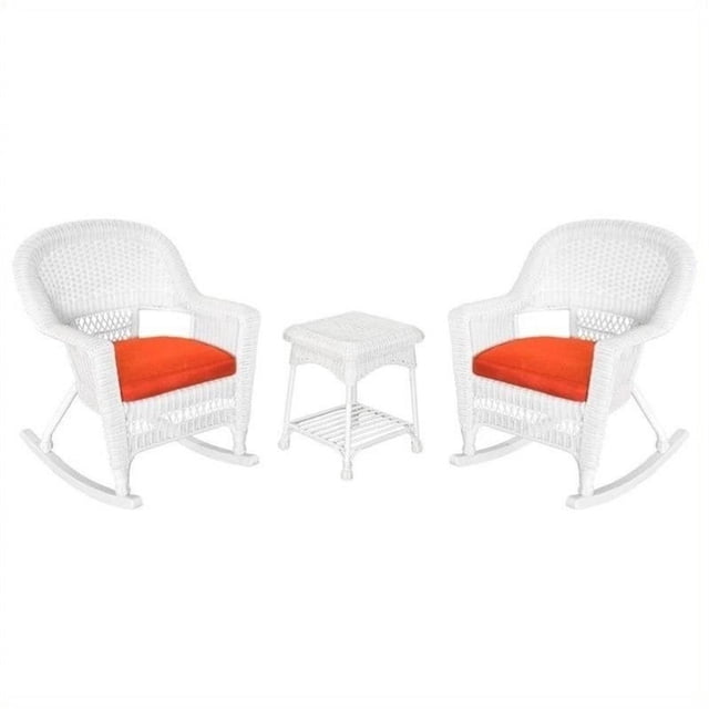 Pemberly Row 3pc Rocker Wicker Chair Set in White with Red Cushion