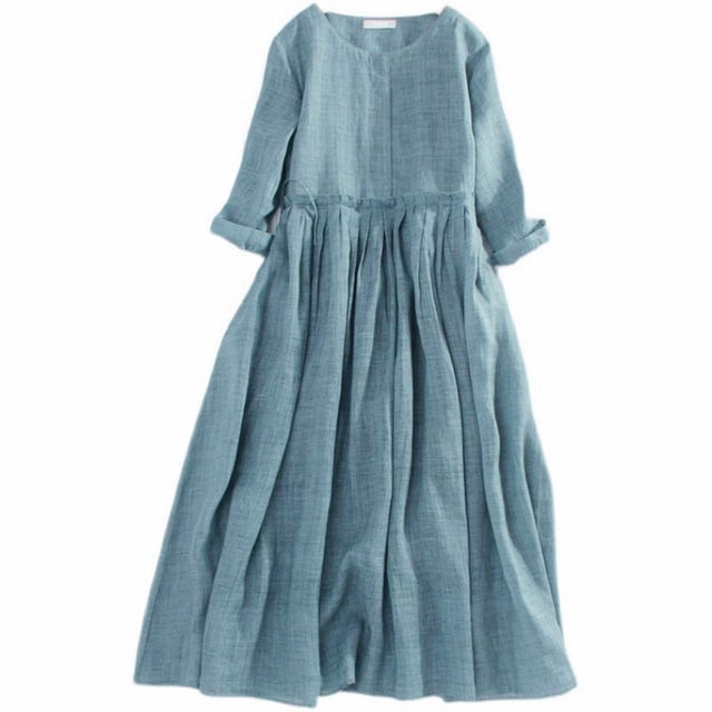 2025 Robe pour Femmes en Lin Printemps Petite Robes d'Été pour Femmes et Robe d'Été à Col Rond en Lin pour Femmes Été Plissée à Cordon Manches Sept Points pour Montrer Mince Ample Longue