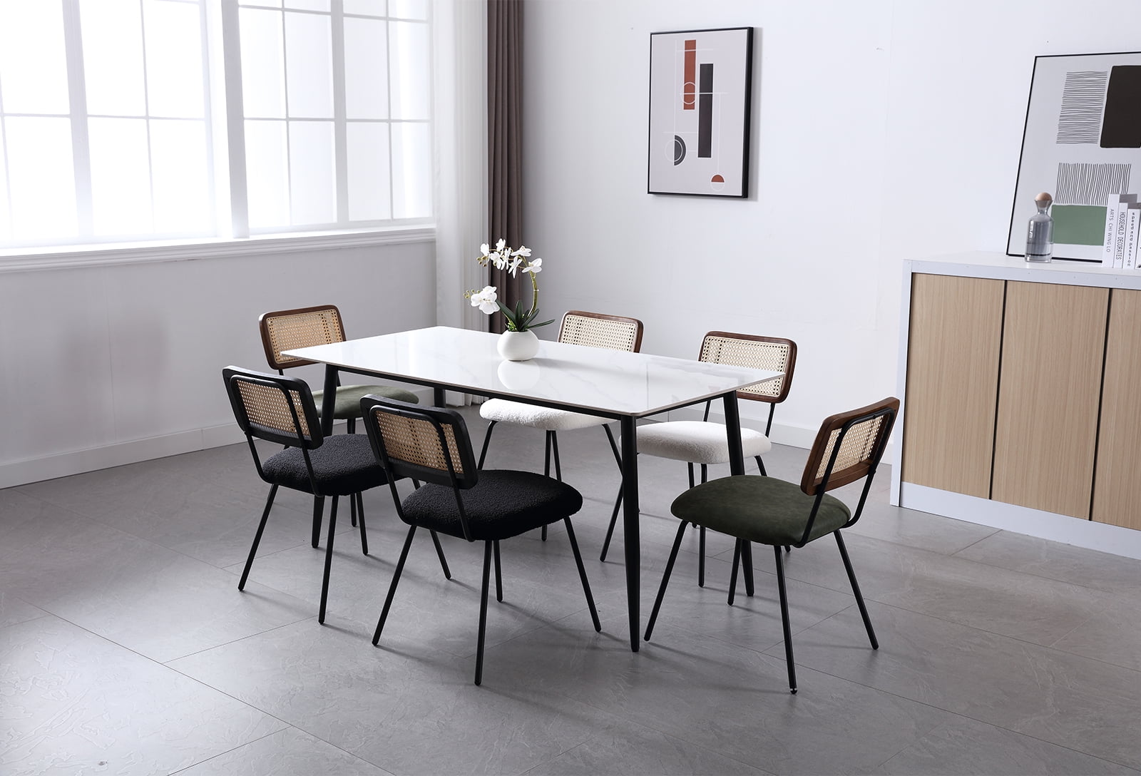 Dayalane Rattan Dining Chairs Set of 4, Sherpa Upholstered Kitchen Chairs with Cane Back, Mid-Century Modern Armless Dining Side Chairs with Metal Legs for Dining Room Living Room Restaurant, Black