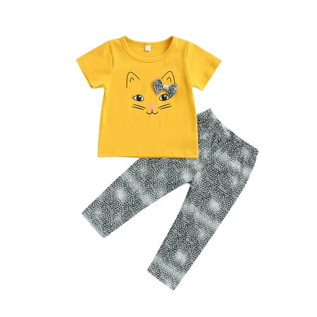 

Yinyinxull 2Pcs Summer Kids Baby Girls Cartoon Cute Cat Print Bowknot Short Sleeve T-Shirt+Leopard Pants Clothes Yellow 12-18 Months