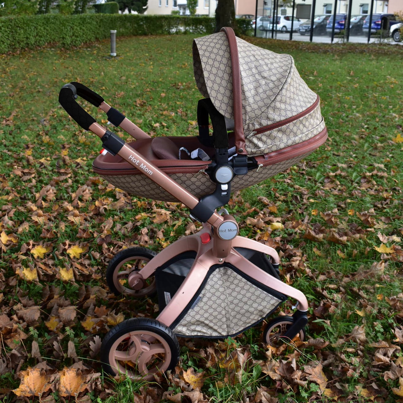 Hot Mom Baby Stroller Reversible Luxury PU Leather Pram,Grid