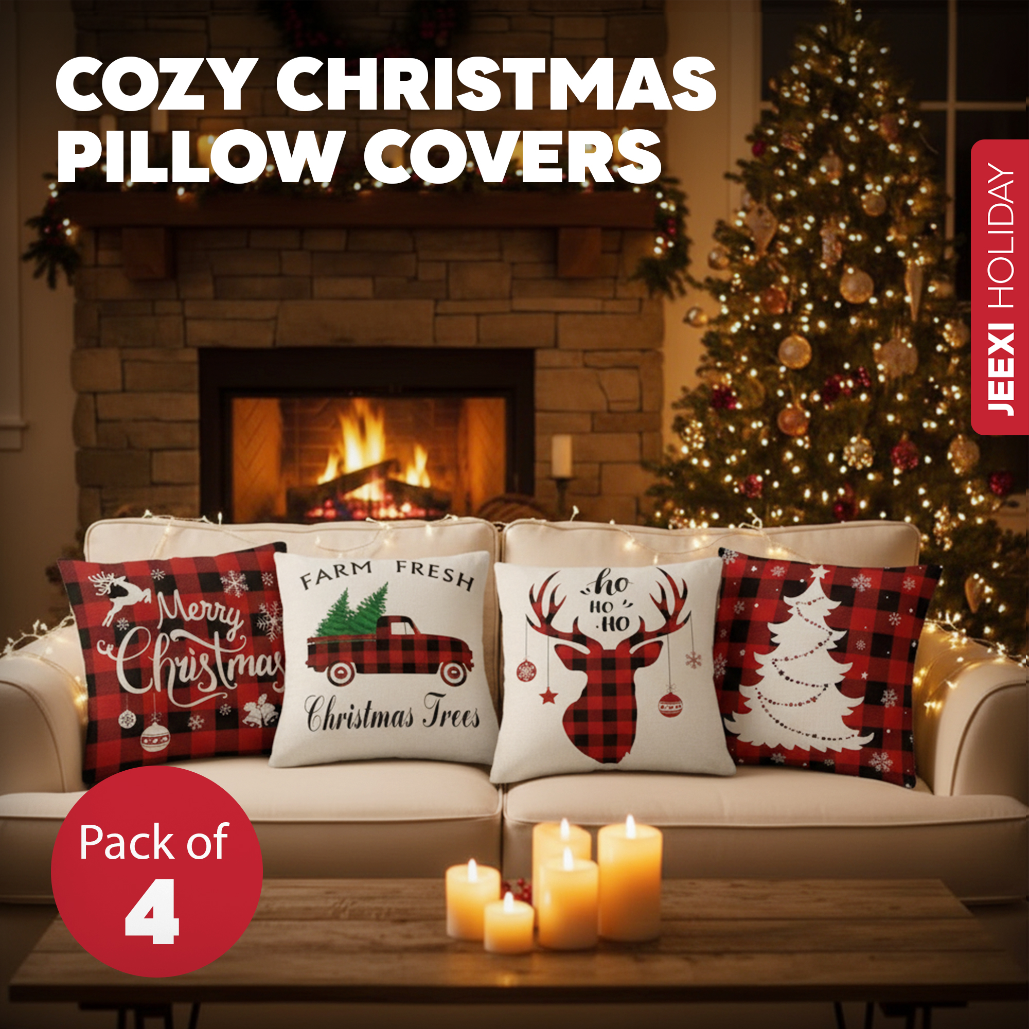 JEEXI Christmas Pillow Covers 18x18 Inch Set of 4 photo 3